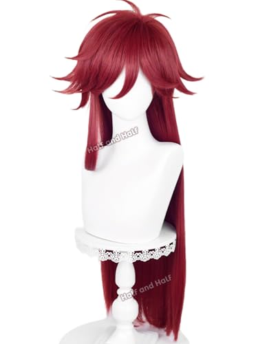 Image of Half and Half Gre-ll Cosplay Wig Long Straight Red Anime Wig with Layered Bangs 35.4'' Deep Red Death Costume Wigs Rose Red Male Women Wig for Halloween Party Costumes