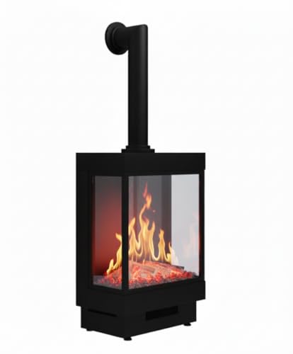 CHEMIN’ARTE Cheminée Électrique Majestic avec conduit décoratif - Effet flammes LEDs à 180° 10 couleurs - Buches et Cristaux déco - Noire - Chauffage 2000W - cheminée decorative WIFI- Conçue en France