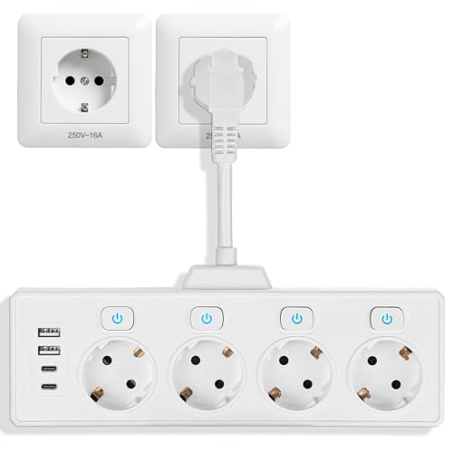Regleta con USB, enchufe múltiple con 4 Schuko y 2 USB A y 2 USB C, 8 en 1 con interruptor, regleta de 4 enchufes para oficina y hogar