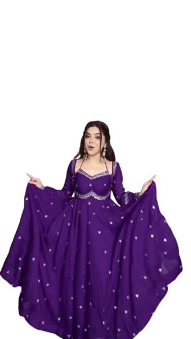 Forteo Fashion Women’s Purple Faux Georggete Embroidered Anarkali Gown |Ethnic Flared Women’s Traditional Anarkali Style Gown.