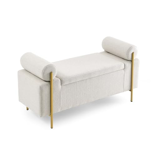 ベッドベンチ エレガントな布張りリネン収納ベンチ。円筒形のアームと鉄製の脚付き。廊下、リビングルーム、寝室に最適。(Beige)