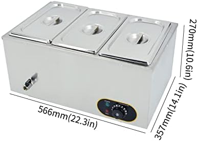 Commercial Bain Marie, 1500W Electric Food Warmer Stainless Steel Steam Table Temperature Control with Covers, Drain Tap, GN 1/3 Containers -150mm x3