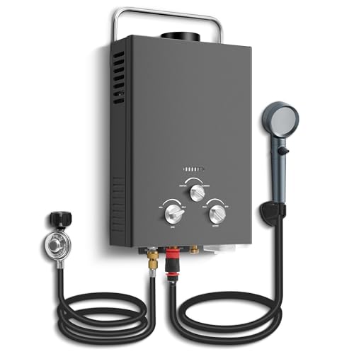 Outdoor Tankless Propane Water Heater 1.58GPM 6L Portable Gas Water Heater with Handle & Overheating Protection, Instant Hot Water for Camping RV Cabin Boat Barn - Black