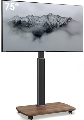 AOKCOS Soporte de TV Ruedas para 43-75 Pulgadas, Giratorio y Ajustable en Altura, Inclinación Soporte de TV Suelo con Base de Madera, MAX VESA 600x400mm 50kg