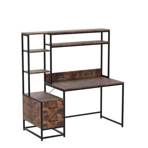 Image of Tribesigns 55 Inch Computer Desk with 2 Drawers and Storage Shelves, Rustic Office Desk with Hutch, Study Writing Gaming Table Laptop Workstation for Home Office (Brown)
