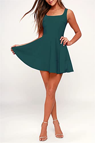Image of FANCYINN Women's Short V-Back Dress U-Neck Inslace Hem Wide Straps Tank Mini Skater Cocktail Dresses