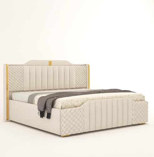 Image of Modern Upholstered King Size Bed with Storage | Double Bed with Box Storage & Upholstery Premium Fabric Headboard | Platform Bed for Bedroom & Hotel | Sheesham Wood, White, 6.5 x 6 Ft