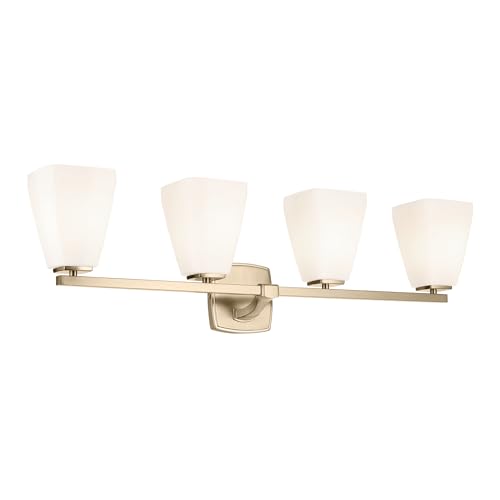 Image of Kichler Marant 4-Light Bathroom Vanity Light Fixture with Opal Glass, 33.25 inch Modern Wall Mount Lighting Over Mirror in Champagne Bronze for Powder Room (33.25 inch W x 9.5 inch H), 55217CPZ