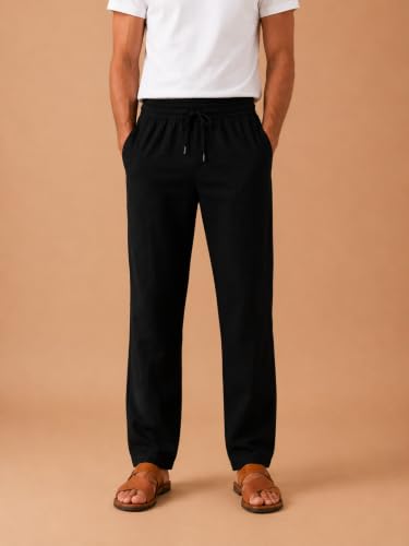 Comforts Men's Linen Pants, Gray, Elastic Waistband Ash Black - Image 7