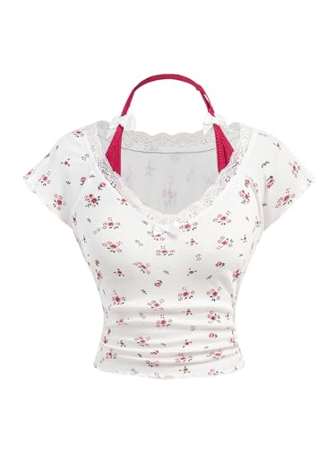 SweatyRocks Girl's Ditsy Floral Print Bow Lace Halter Top Short Sleeve Lettuce Trim Crop Tops