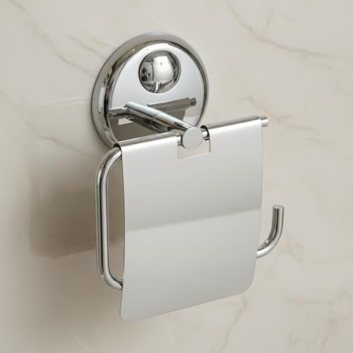 Image of Premium Stainless Steel Toilet Paper Holder with Flap Cover | Rust-Proof Chrome Finish Bathroom Tissue Roll Dispenser | Wall-Mounted Hotel-Style Toilet Roll Stand with Anti-Slip (Round 33)