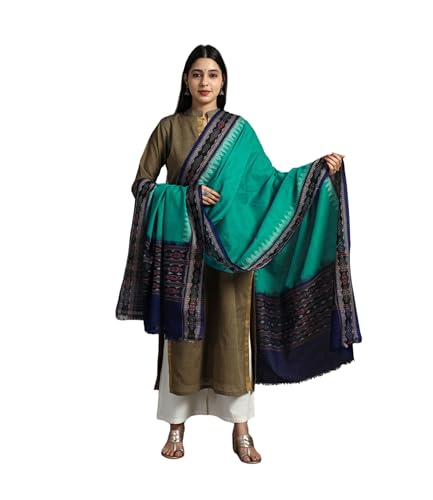 Image of Cotton Dupatta with weaving and Ikat woven border from the Weavers Stole for Girls & Women