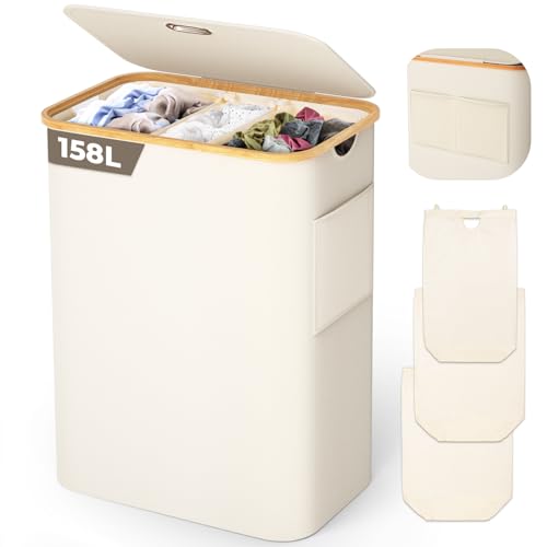 OUSFOT Cesto per la Biancheria con 3 Scomparti per Vestiti Sporchi Manico in bambù 158L con CoperchioTasca Posteriore Pieghevole in Rete Cesto per la Biancheria Beige