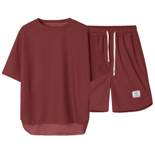Generico Chándal de lino para hombre Chándal de color sólido 2 piezas lino baloncesto jogging casual manga corta con solapa y pantalones cortos Camisa playa y pantalones cortos conjunto, O Rojo, XXL