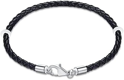 19cm Black Braided Leather Bracelet with 925 Sterling Silver Lobster Clasp-Fit Pandora Charm/Beads/Pendant, Gift for Men/Women/Christmas Birthday Rubber Stopper Included