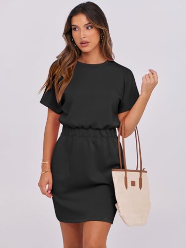 ANRABESS Womens Dresses 2025 Summer Casual Short Sleeve Crew Neck Elastic Waist Mini T Shirt Dress with Pockets2