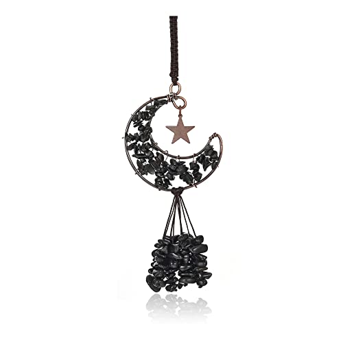 CrystalTears Ornement à suspendre en cristal d'obsidienne noire faite à la main en forme d'arbre de vie enveloppé de lune pierres de cristal de guérison pour rétroviseur de voiture, décoration murale,