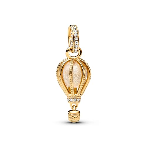 PANDORA Pendente a forma di mongolfiera Moments placcato in oro 14k, con vetro di Murano trasparente glitterato e zirconi cubici trasparenti