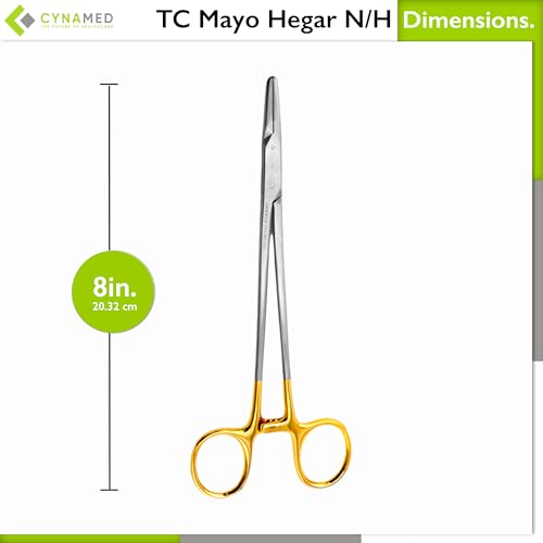 Cynamed TC Mayo Hegar Needle/Suture Holder Driver with Tungsten Carbide Inserts and Gold Rings - Premium Grade Instrument (8 in.)