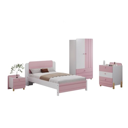 Dolamaní Juego completo de muebles para habitación juvenil, cama individual de 90 x 200 cm, mesita de noche con 3 cajones, 1 cajón, armario, cama, para niños y niñas (rosa)