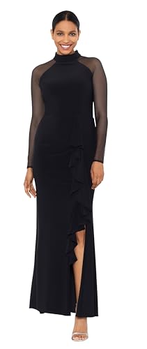 Betsy & Adam Women's Long Sheer Sleeve Mock Neck Stretch Scuba Crepe Sheath Gown