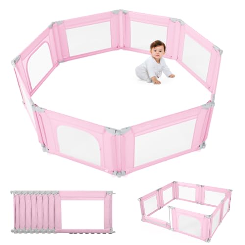 Image of Doradotey Adjustable Baby Playpen with Adult Door, Foldable Large Playpen for Babies and Toddlers, Breathable Mesh Indoor Baby Playard, Safe Fence, 79 x 71 Inch, Pink
