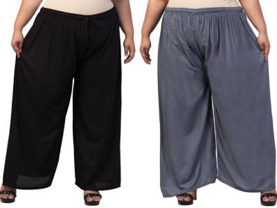 Women's Plus Size Comfort Fit Palazzo Combo, Pack of 2 Solid High-Waisted Wide Leg Trousers-picture-18