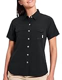 Haimont Women's UPF 50+ Sun Protection Button Down Fishing Hiking Travel Shirts Short Sleeve Quick Dry Outdoor Shirt with Pockets Black XXL