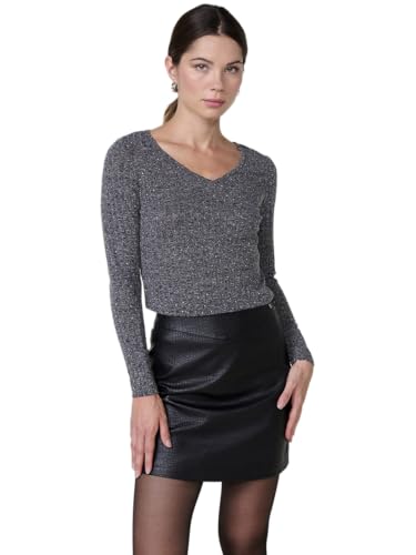 Koroshi Camiseta Manga Larga Mujer canalé Melange, Cuello Pico y Detalles Brillantes en el Frontal., de Color Gris/Grey, Talla XXL