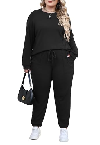 Nemidor Womens Plus Size 2 Piece Fall Matching Lounge Sets Tracksuits Casual Ribbed Knit Long Sleeve Outfits with Pocket