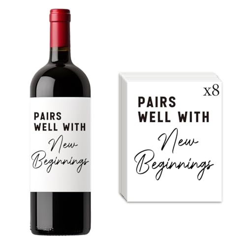 8 Pcs New Beginnigs Wine Labels, New Job New Home Retirement Graduation Wedding Gifts for Women Men, Housewarming Gifts New Home, Pairs Well with New Beginnigs Wine Bottle Stickers Labels