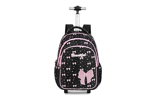 kingdisen Women Large Rolling travel Backpack for kids, Wheeled Backpack with Adjustable Shoulder Straps, Nylon Book Bag 3pc Set (BOWKNOT BLACK) by kingdisen - Used condition - Image 2