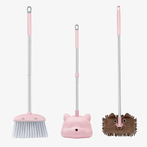 28 Kids Mini Broom with Dustpan & Mop Set - Toddler Cleaning Toy Toddler Household Helper Parent-Child Interactive Play Cleaning Tool Cute Cartoon Design Small Safe Corner Broom (Pink)