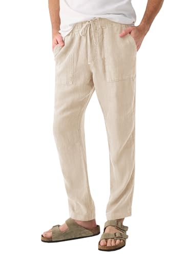 PASLTER Mens Linen Pants Hiking Casual Travel Pants Summer Yoga Elastic Waist Trousers, Beige, Large