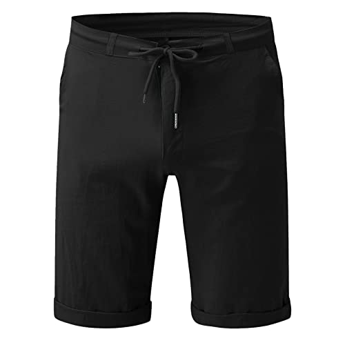Shorts casual de lino para hombre con cintura ajustable negra miniatura 3