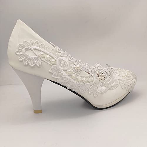 3” Lace Wedding Round Toe Bridal High Heel Wedding Party Shoes Women Gift White2