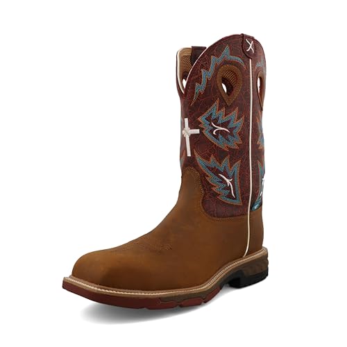 Image of Twisted X Men's 12 inch Western Work Boot, Square Toe Nano Toe with CellStretch, Tan & Burgundy, 9 D