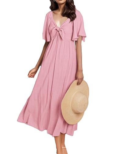 Robe d'été rose col en V à manches courtes et taille haute pour femme S