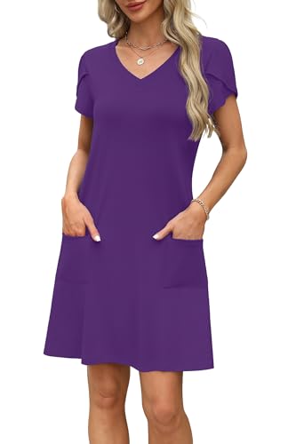 Image of OFEEFAN Womens Summer Dresses 2026 Tulip Petal Short Sleeve V Neck Loose Swing Sundresses with Pockets Plain /Print