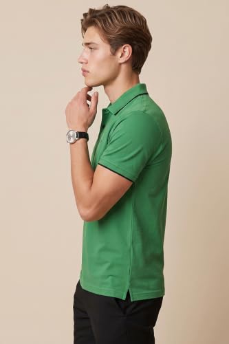 Image of Peter England Men's Snug Fit Solid Polo T-Shirt with Coloured Collar Tipping| Cotton Rich| Premium Pique Weave