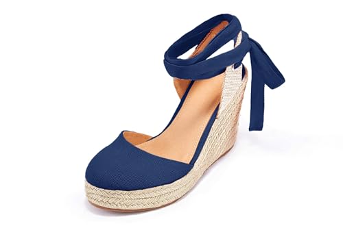 Image of FISACE Womens Summer Espadrille Heel Platform Wedge Sandals Ankle Buckle Strap Closed Toe Shoes
