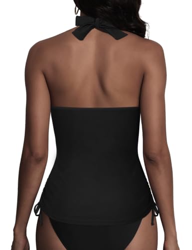 Hilor Women's Plunging V Neck Halter Swim Tops Front Twist Swimwear Shirred Tankini Top2