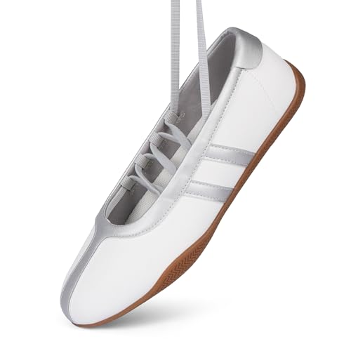 Tigeridea White Silver Sneakers for Women Strap Business Casual Tennis Shoes Ballet Flats Mary Jane Shoes Fashion Lace Up Retro Sneakers Footwear Size 11
