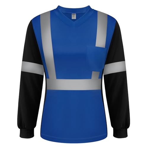 TCCFCCT Safety Shirt for Women - Class 3, Long Sleeves, Hi Vis, Quick Drying, WP-Blue-LX XL