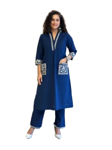 Image of Womens Cotton Slub 3 /4 Sleeves V Neck Co-Ord Set Featuring Floral Print Design On The Hem of The Sleeves and On The Pockets 2 Piece Ethnic Wear