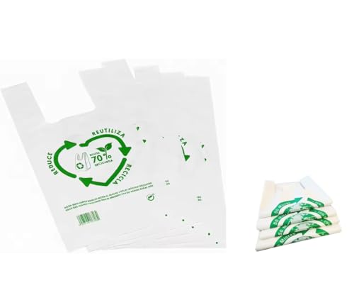 ARBUTUS Bolsas plástico,Bolsas asas plástico,Bolsa Camiseta 50 micras 70% reciclado BLANCAS. PACK de 50/100 unidades. Alta resistencia. (100, 35x50cm)