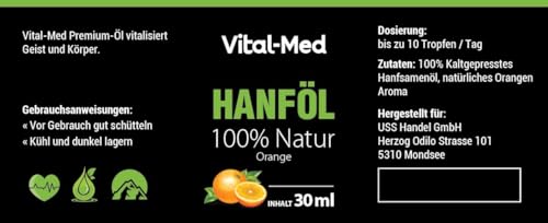 Vital-Med hochdosiertes Hanföl mit 30ML (750 Tropfen) und 25mg pro Tropfen - Premium Vital Hanfsamenöl - 100% Natur - Hanftropfen mit Omega 3-6-9 (Orange)