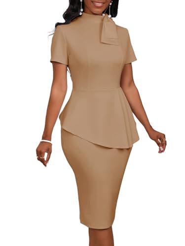 Image of WanMem Women Formal Bodycon Peplum Cocktail Dress Short Sleeve Bow Ruffle Pencil Party Midi Dresses