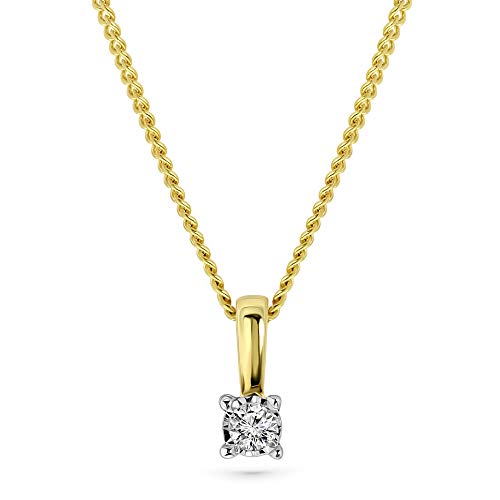 MIORE Collier pour Femmes Collier avec Pendentif Diamant Solitaire 0.03 Ct Chaîne en Or Jaune 9 Carat /375 Or, Bijoux longueur 45 cm