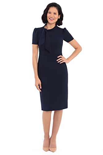 Image of Maggy London Womens Midi Short Sleeve Sheath with Neck Tie Career Office Work WearCocktail Dress